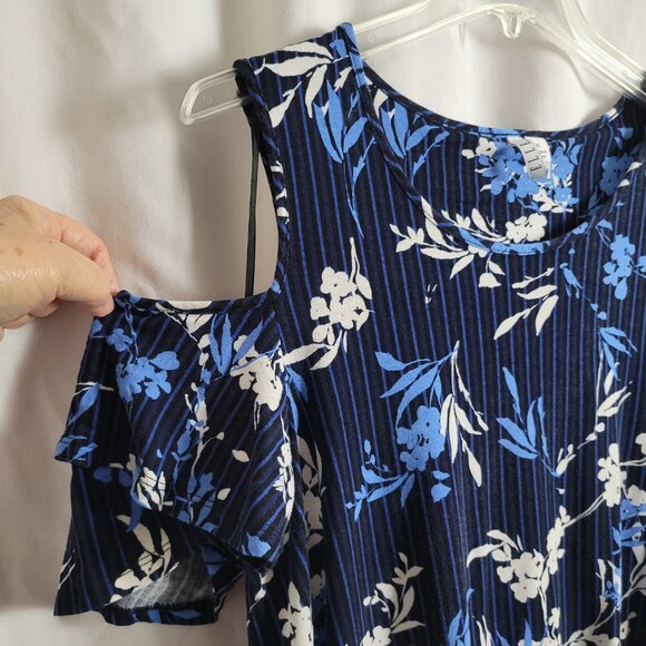 Elle XL Cold Shoulder Short Sleeve Blouse Blue White floral striped Rayon EUC - Picture 4 of 11